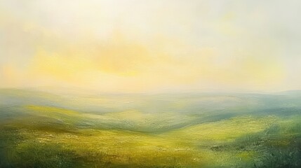 Fototapeta premium Abstract landscape painting, yellow sky, green hills.