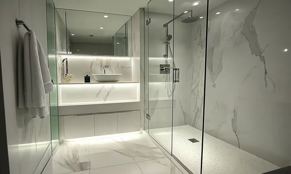 A modern bathroom featuring a glass shower, marble walls, and stylish lighting.
