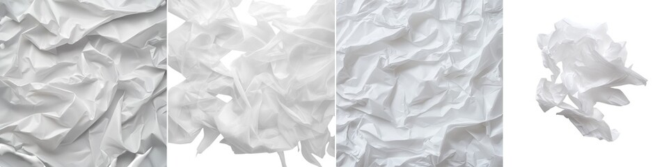 Various textures of crumpled white paper are highlighted, displaying distinct folds and creases. Ideal for use in graphic design or artistic backgrounds isolated PNG