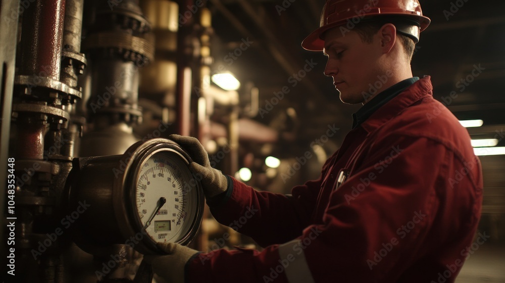 Poster A Worker in Red Checking a Gauge in an Industrial Setting