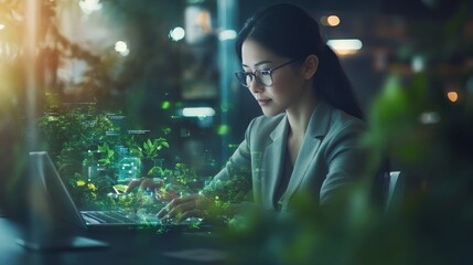 A focused woman works on a laptop amidst digital overlays and greenery, blending technology and nature in a modern setting.