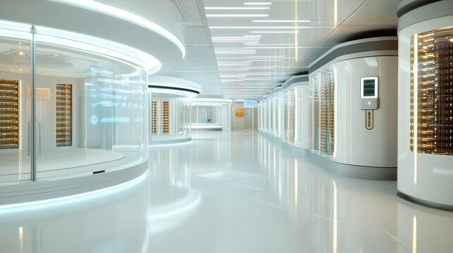 A modern, sleek corridor lined with illuminated storage units, featuring a futuristic design and glossy white floors.