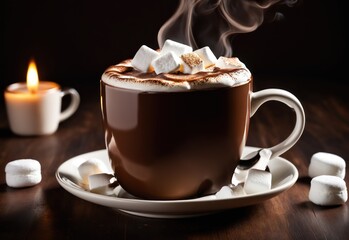 Mockup photograph of a plain mug filled with rich, steaming hot chocolate topped with fluffy, melting marshmallows. The chocolate should have a deep brown color and a velvety texture.
