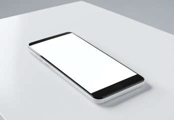 A clean white mockup of a smartphone with a blank screen displaying a simple, minimalist interface. The phone is on a white table with soft shadows. High detail, realistic lighting