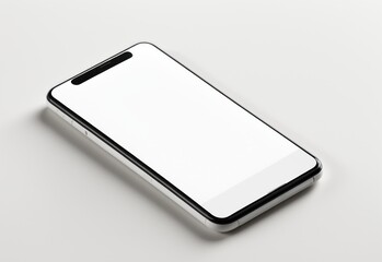 A clean white mockup of a smartphone with a blank screen displaying a simple, minimalist interface. The phone is on a white table with soft shadows. High detail, realistic lighting