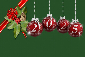Illustrazione 3D. Anno nuovo 2025. Capodanno 2025 in numeri e con decorazione natalizia. Palle...