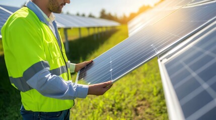 A Man in a Safety Vest Inspecting a Solar Panel in a Field