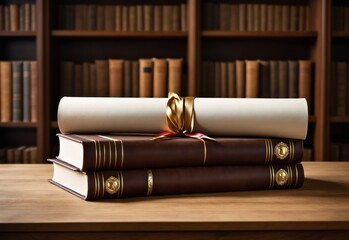 A blank white mockup of a traditional diploma with a gold ribbon. The diploma is rolled up and tied with a ribbon, resting on a stack of old leather-bound books. The diploma is made of high-quality