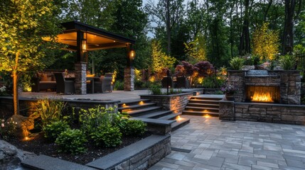 Obraz premium A beautifully designed outdoor living space featuring seating areas, gardens, and lighting