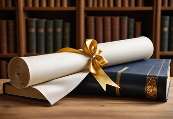 A blank white mockup of a traditional diploma with a gold ribbon. The diploma is rolled up and tied with a ribbon, resting on a stack of old leather-bound books. The diploma is made of high-quality