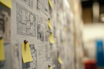 Architectural blueprints pinned to a wall for a project overview