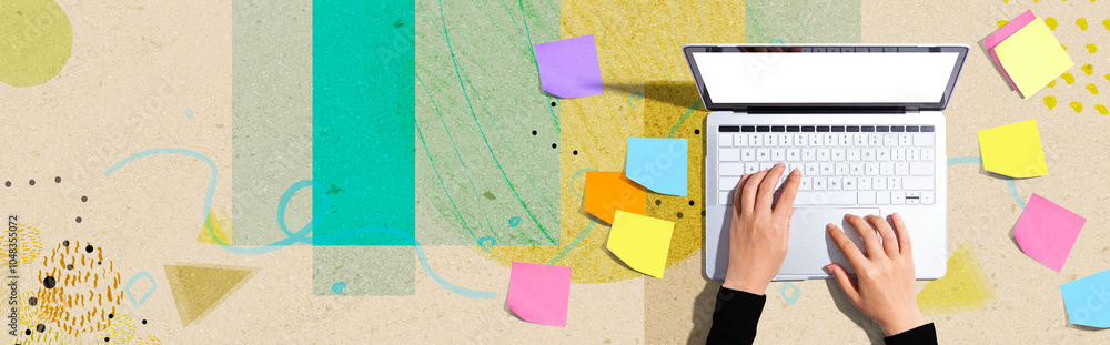 Poster laptop computer with many sticky notes - flat lay