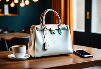 Clean white mockup of classic women's bag with handles made of white combined leather on the table. Background is minimalist cafe interior with windows and tables
