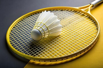Tilted angle yellow badminton racket and white shuttlecock on a court