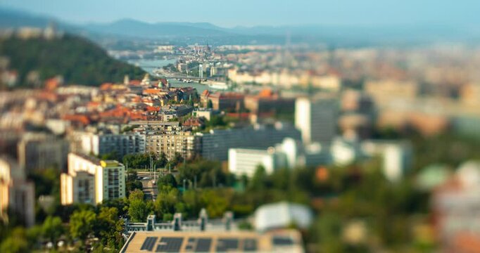Budapest, Hungary - August 24, 2024: Panoramic View Over Budapest's Landmarks and Danube River. Timelapse, zoom in transition. Focus shifted with tilt shifted lens.