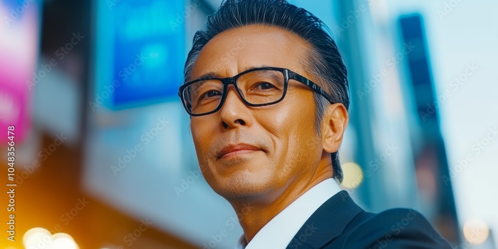 Poster man in a suit and tie is smiling and sitting in front of a computer. he is wearing glasses and has a