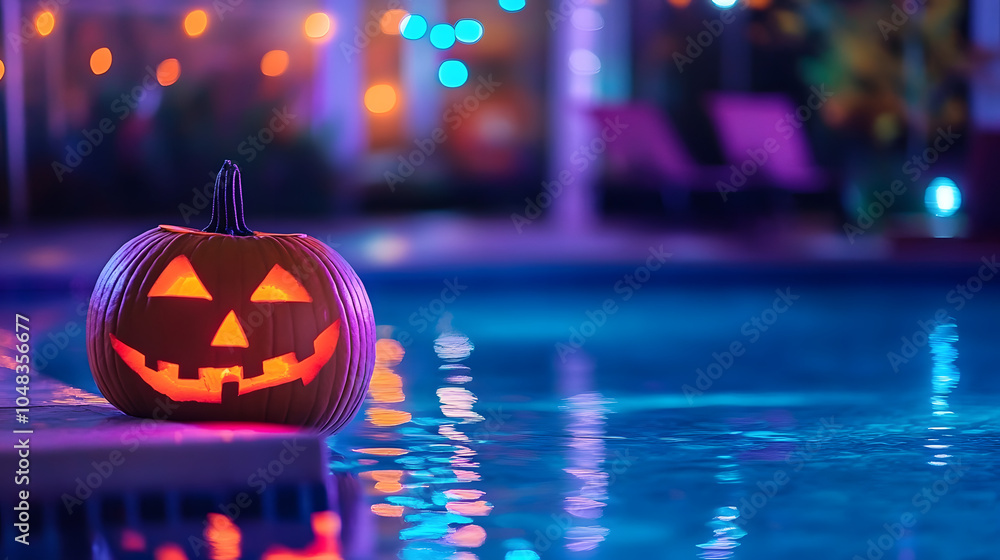 Canvas Prints glowing halloween pumpkin by the side of a pool with colorful lights in the background