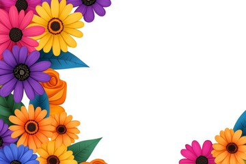 Colorful bouquet of flowers with a white background. flowers are arranged in a way that they seem to be hugging white background.border of colorful flowers on white background, empty space for text