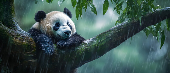 Obraz premium A panda bear seated on a tree branch, rain cascading down its face, head reclining for support