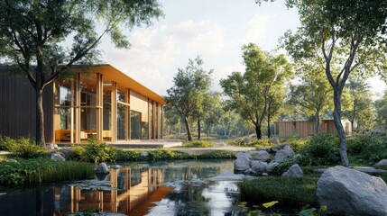 Obraz premium Modern house, pond, trees, and rocks.