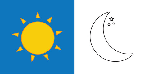 Set of Moon and stars icons. Sun and moon flat icon. Shining Sun and crescent Moon. Vector Illustration.