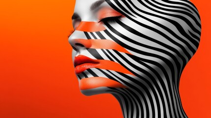 modern portrait of a woman face, featuring striking black-and-white abstract stripes that wrap around her face. Her lips are painted in vibrant, glossy orange, matching the solid orange background