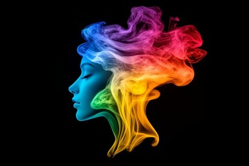 Obraz premium Woman with rainbow colored hair. hair is long, flowing, with each strand of hair having a different color. vibrant smoke figure of a woman's head in profile with rainbow colors on a black background.