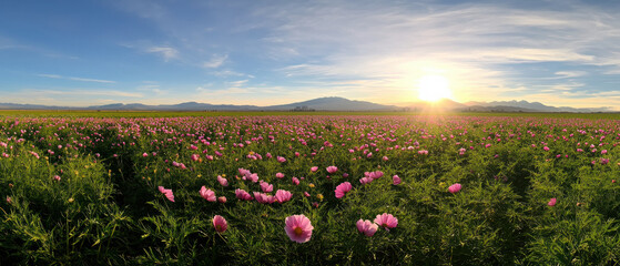 Obraz premium vibrant field of blooming flowers under stunning sunset