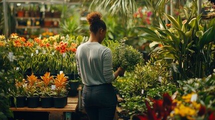 Plant Selection: Designer selecting plants at a nursery, surrounded by vibrant flowers and greenery