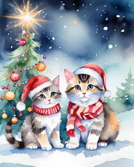 Christmas card with cute happy  cats and a Christmas tree. watercolor style	
