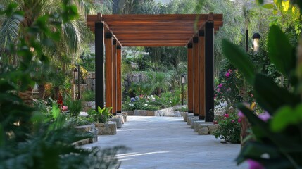 Naklejka premium Wooden pergola over stone pathway in lush garden.