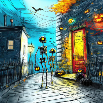 Eternal love. A colourful cartoon illustration of a pair of skeletons in love walking on Halloween night, hyper-realistic pop art, colourful street scene, detailed character design, ultra-detailed 