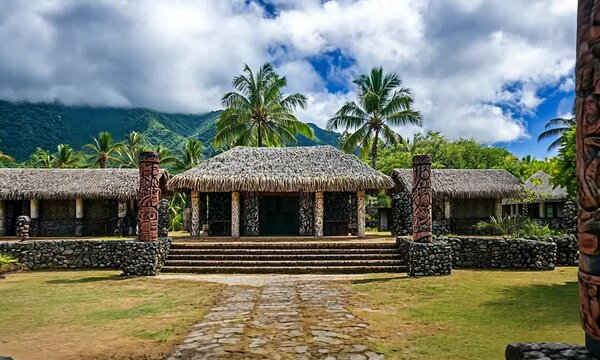 A traditional Polynesian structure surrounded by carved totem poles and lush greenery.