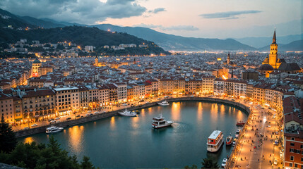 Stunning evening view of a bustling lakeside cityscape illuminated by warm lights and surrounded by mountains in the twilight