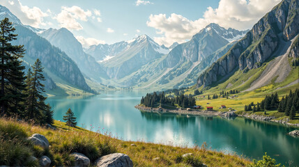 Breathtaking view of a tranquil lake surrounded by majestic mountains and lush greenery during a sunny day in the Alps