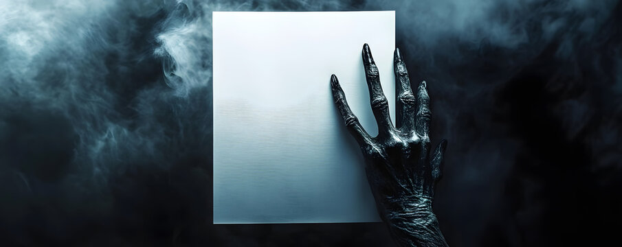 Zombie hand holds a blank white paper in a dark and smoky background