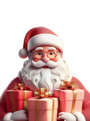 illustration of smiling positive cute santa claus on transparent background with presents and gift for Christmas eve