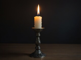 burning white candle in a candlestick in dark background