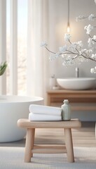 Minimalist bathroom with wooden stool, towels, bath accessories, blooming branch, and bathtub.