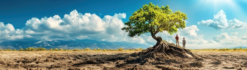 Obraz premium Hand holding a magnifying glass revealing blue water beneath cracked earth.