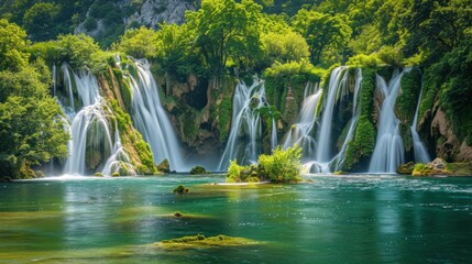 Obraz premium Serene Waterfalls Cascading Through Lush Greenery