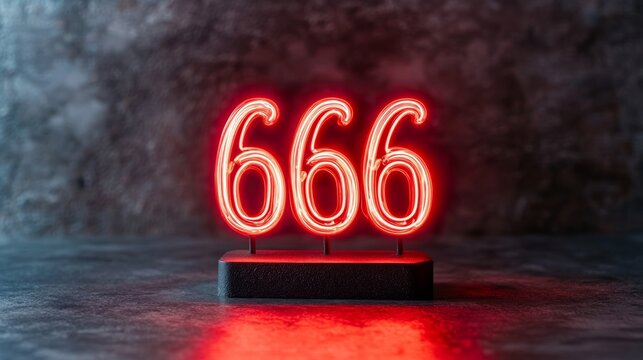 Red Neon Light Number 666 on Dark Grunge Background. The Sign of Devil, Antichrist, Symbol of Evil.