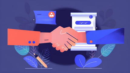 Ilustracja uścisku dłoni na tle dokumentów – nowoczesny symbol współpracy, zawarcia umowy i partnerstwa w środowisku biznesowym