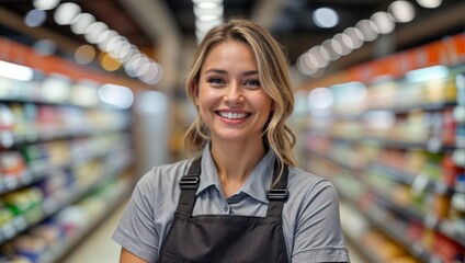 Confident female business owner of a supermarket standing between shelves while facing camera smiling