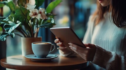 Person Using Tablet While Enjoying Coffee and Flowers