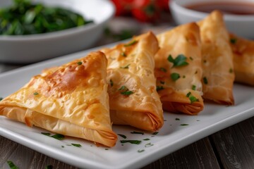 A serving of spanakopita, spinach and feta cheese wrapped in crispy filo pastry, arranged on a white plate