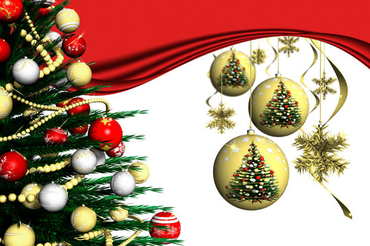 Natale. Addobbo natalizio e abete decorato con sfondo bianco.