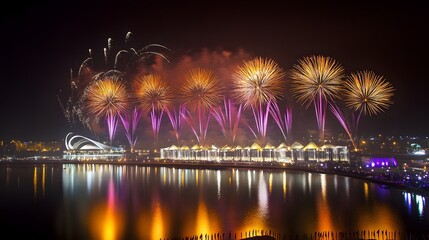 Obraz premium New Year's Eve celebration with colorful fireworks lighting up the night sky over a cityscape
