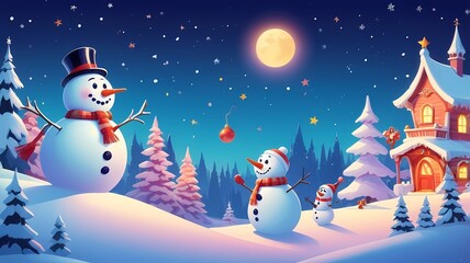 Obraz premium Cute snowmen on magic Christmas night background. Christmas decorations and religious holiday concept. Cartoon illustration with copy space for sign design, kids, poster, banner, greeting card