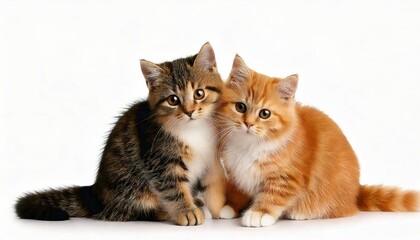 Obraz premium Cute Welsh mushroom kitten and a red kitten are sitting together on a white background. 